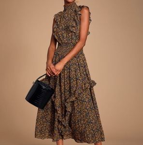 Lulu Evalina Mustard Yellow Floral PrintMock Neck Midi Dress sz xl